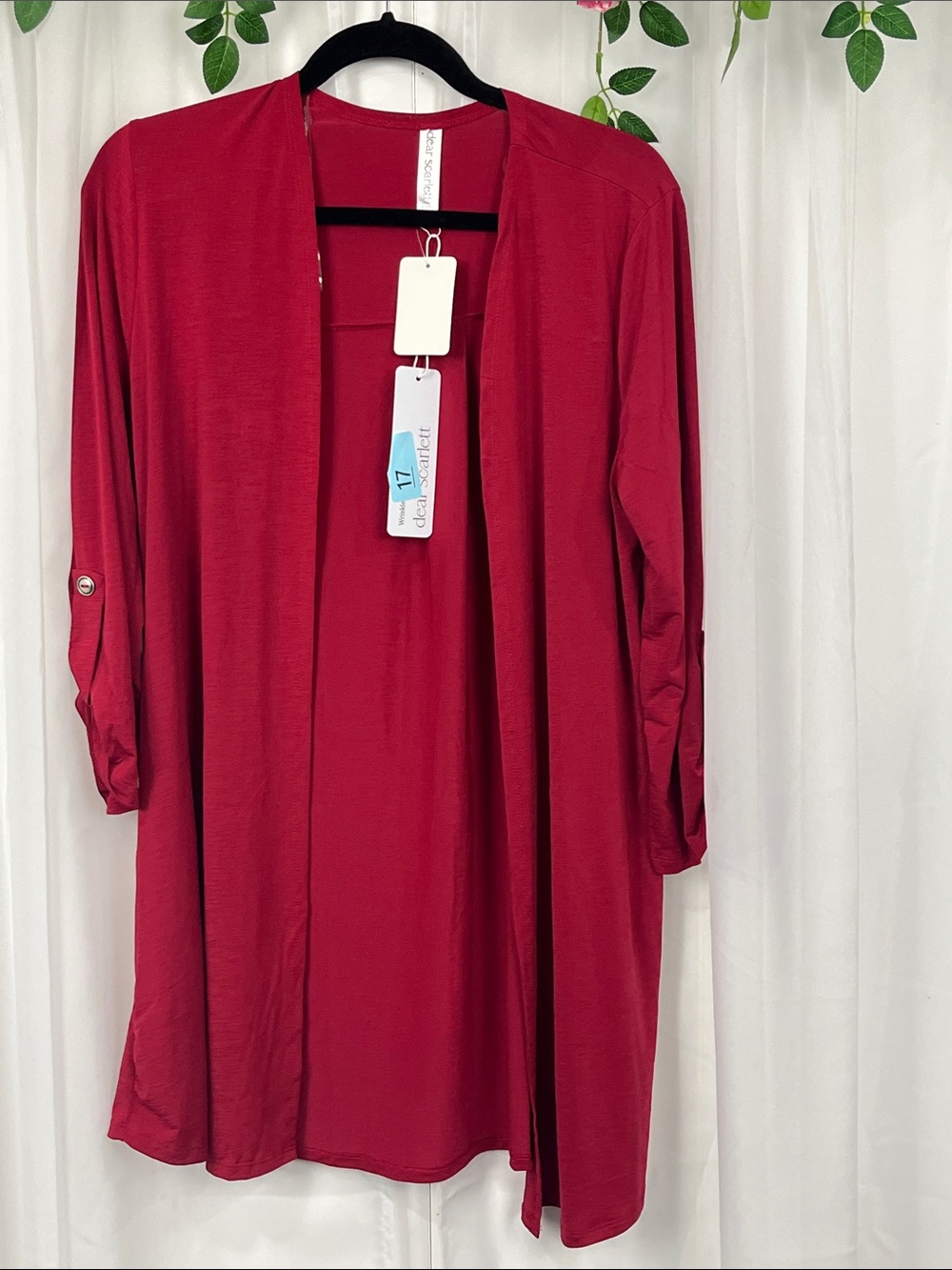 Dear Scarlett LizCardi S Red Long Lines Open Front Roll Tab Sleeves Light NWT
